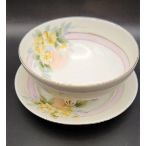Vintage Nippon 3 Footed Mayo Bowl With Under Plate Hand Painted Yellow Flowers